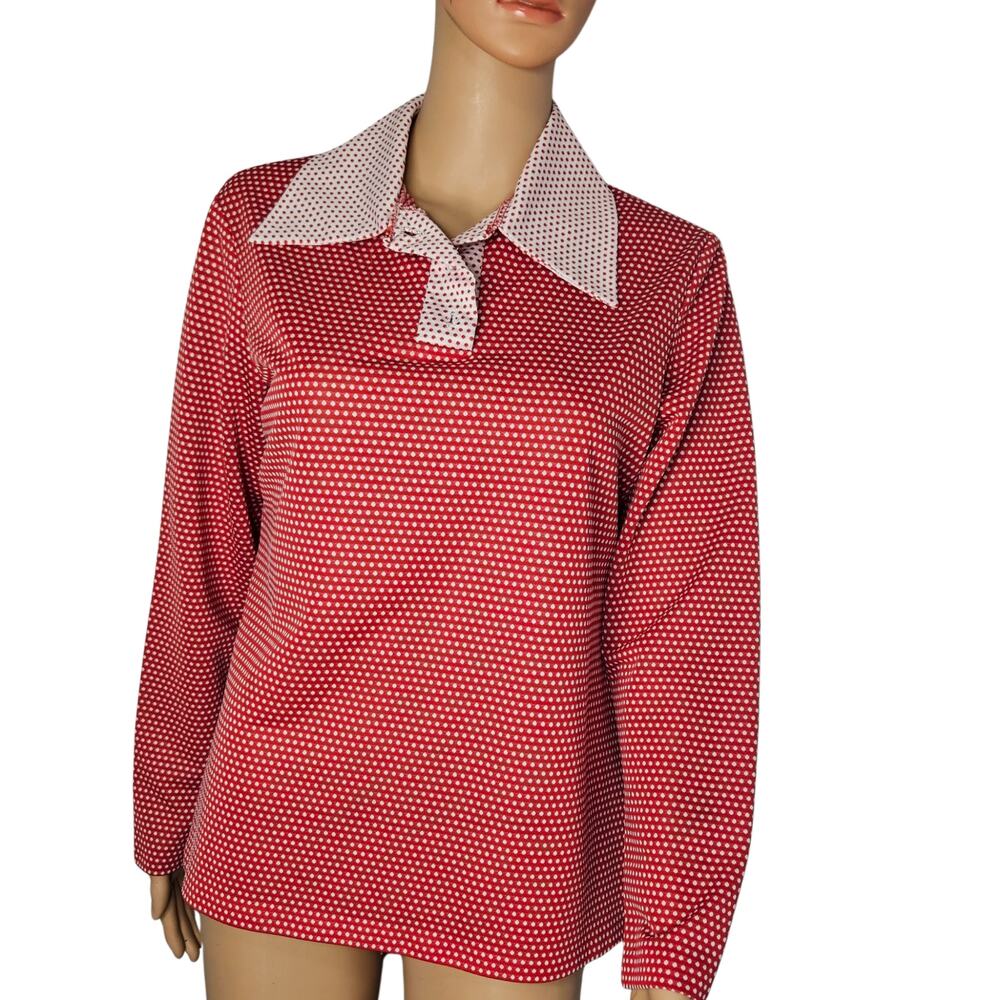 1970s Polka Dot Red White Color Block Pullover Long Sleeve Box Cut Top SZ Large